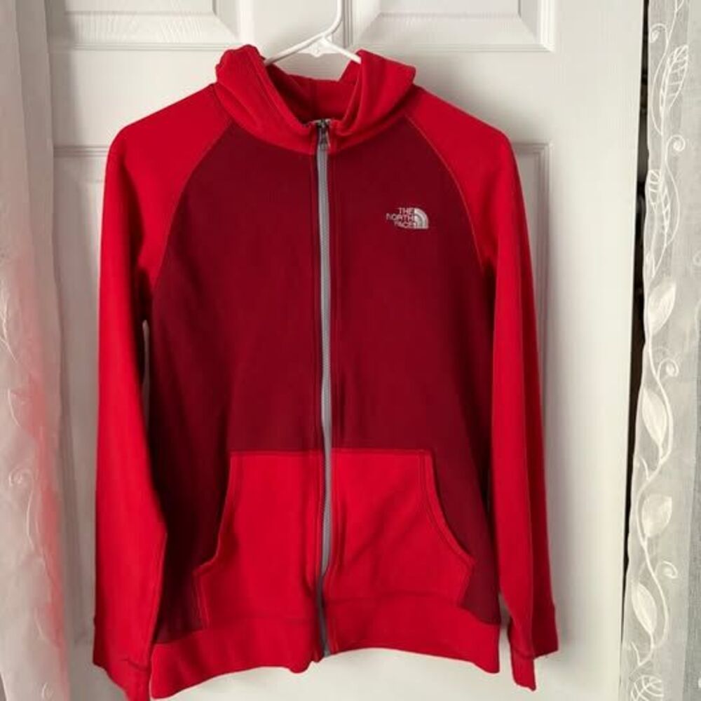 The North Face Red Colorblock Fleece Hooded Full Zip Jacket Boys Size XL 18/20